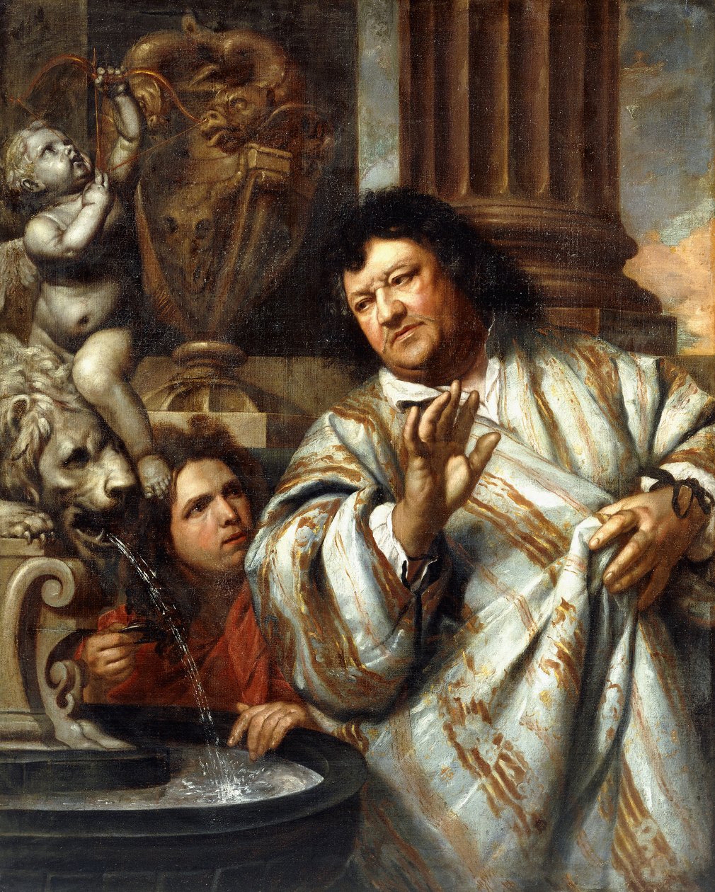 Portræt af admiral Cornelius Tromp og en betjent ved siden af et springvand af Heironymous Van Orley