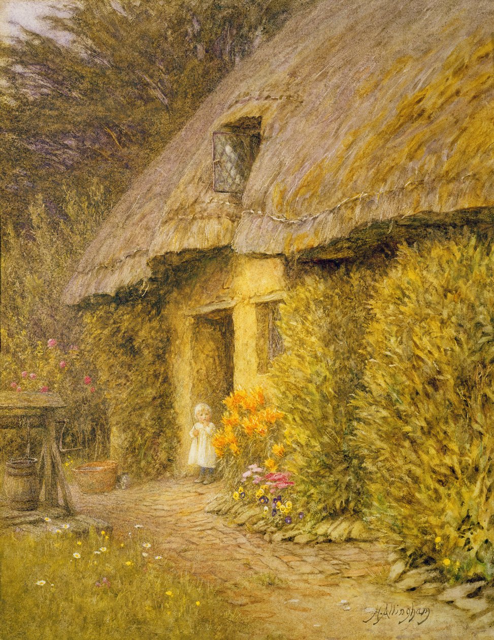 Et barn ved døren til et stråtækt sommerhus af Helen Allingham