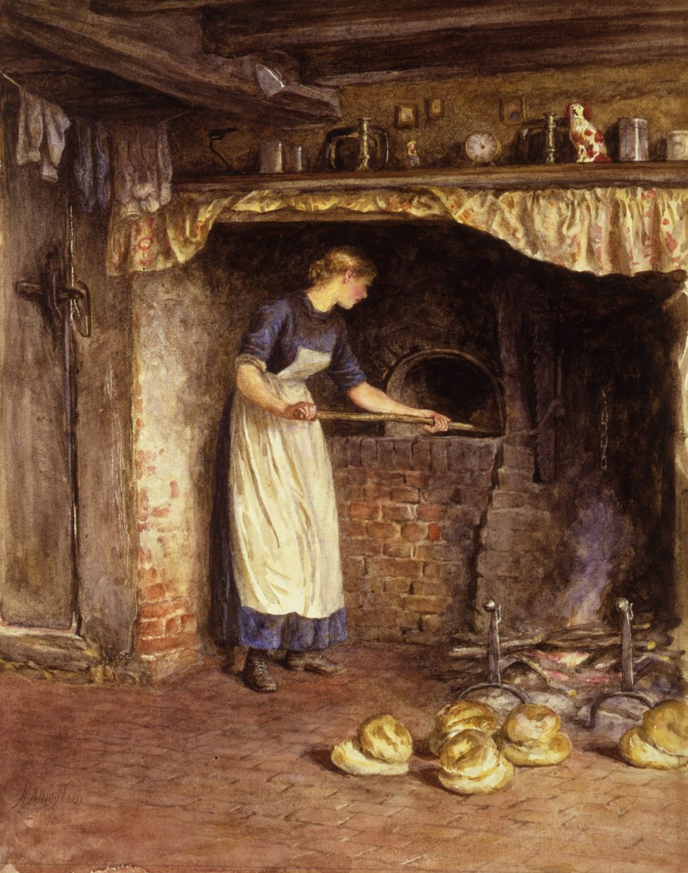 Bagning af brød, ca.1882 (wc på papir) af Helen Allingham