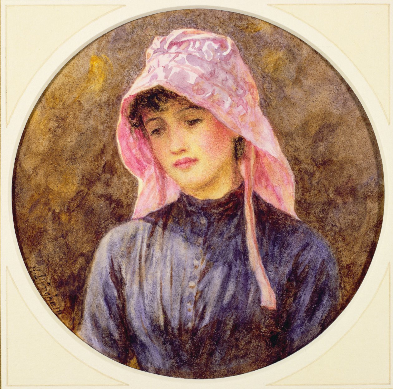 Portræt af en pige i en lyserød hue af Helen Allingham