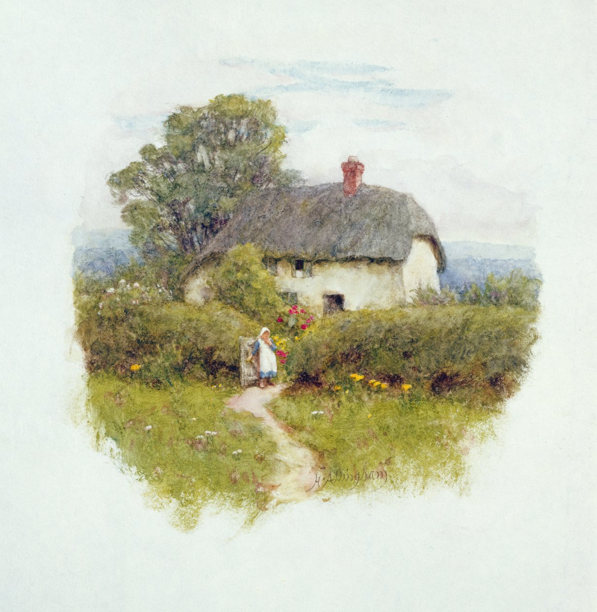 Ung pige ved hytteporten (wc på papir) af Helen Allingham