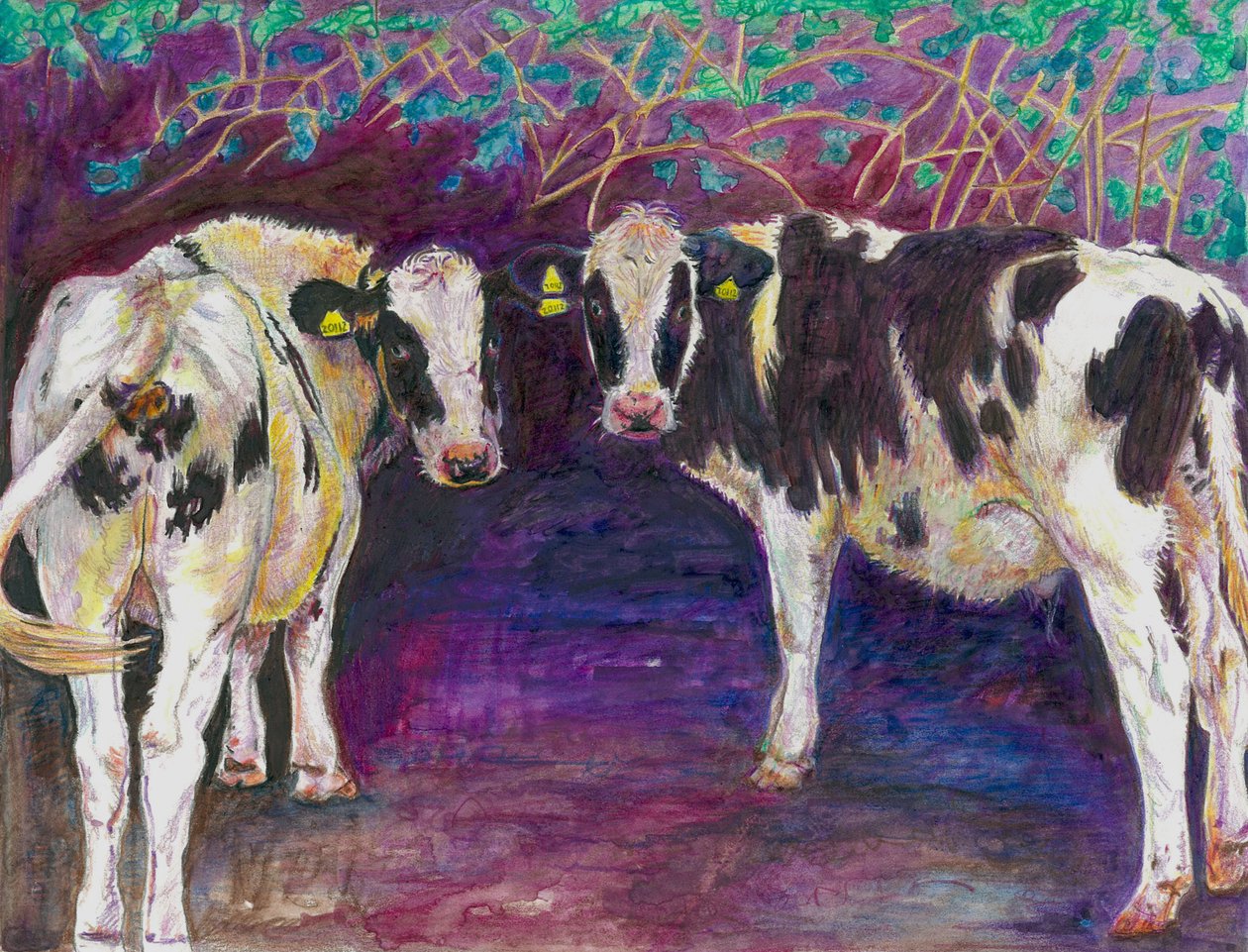 Sheltering cows, 2011, (farveblyant på papir) af Helen White