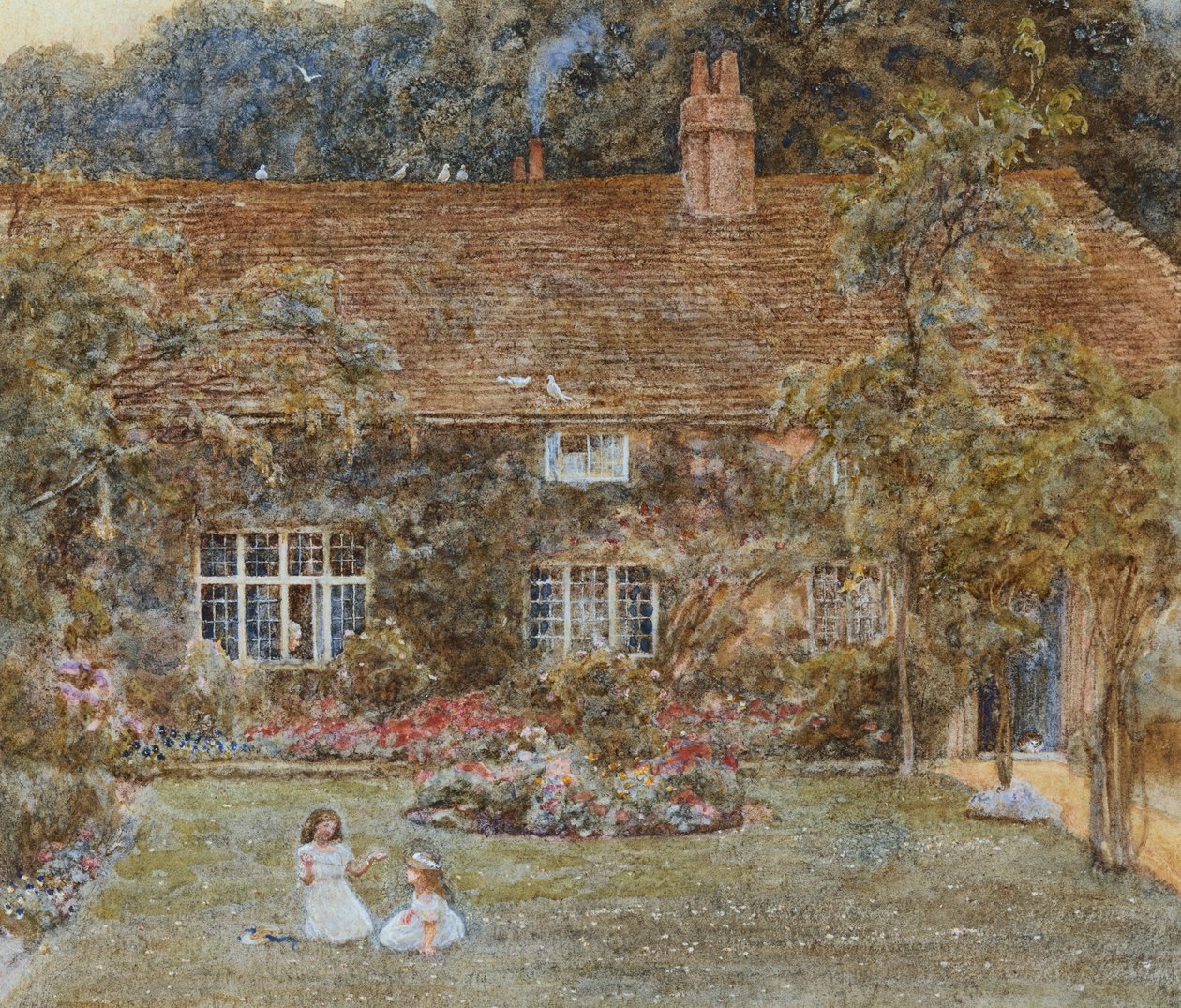 A Country House (akvarel med ridser ud) af Helen Allingham