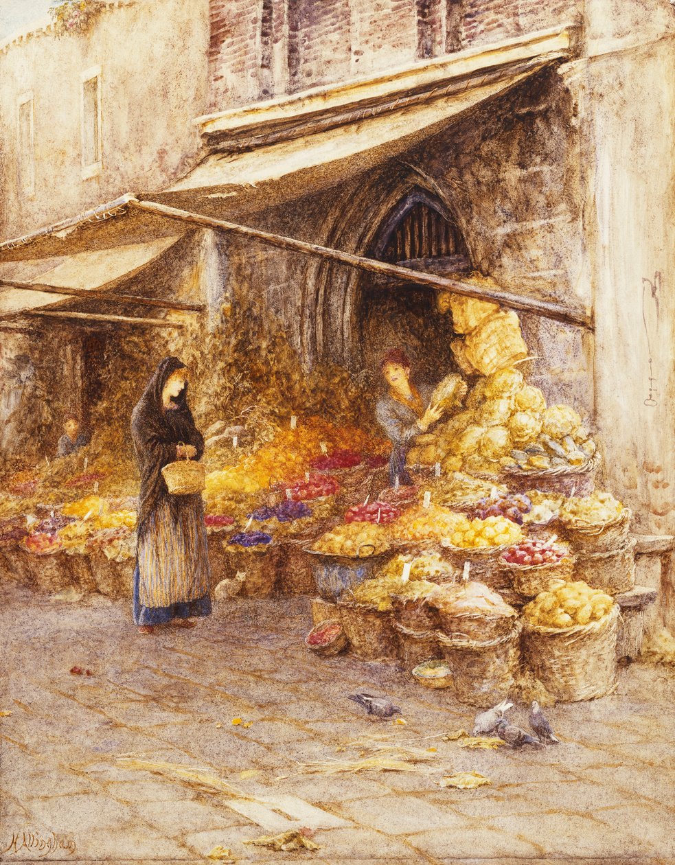 En frugtbod ved bunden af Campanile, San Giovanni Elemosinario, nær rialto, Venedig, af Helen Allingham