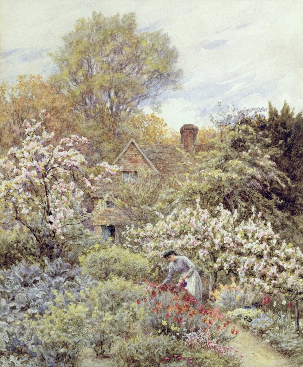 A Garden in Spring (watercolor on paper) af Helen Allingham
