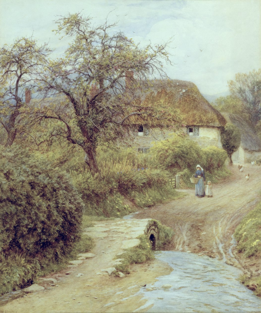 A Hill Farm, Symondsbury, Dorset (akvarel på papir) af Helen Allingham