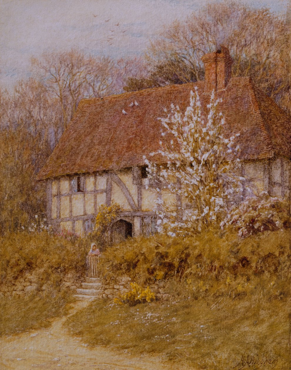 A Surrey Cottage (akvarel på papir) af Helen Allingham