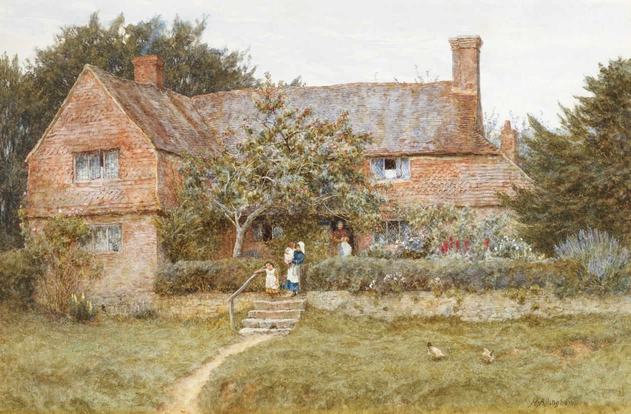 Et Surrey-hytte med en mor og hendes børn (akvarel med ridser ud) af Helen Allingham