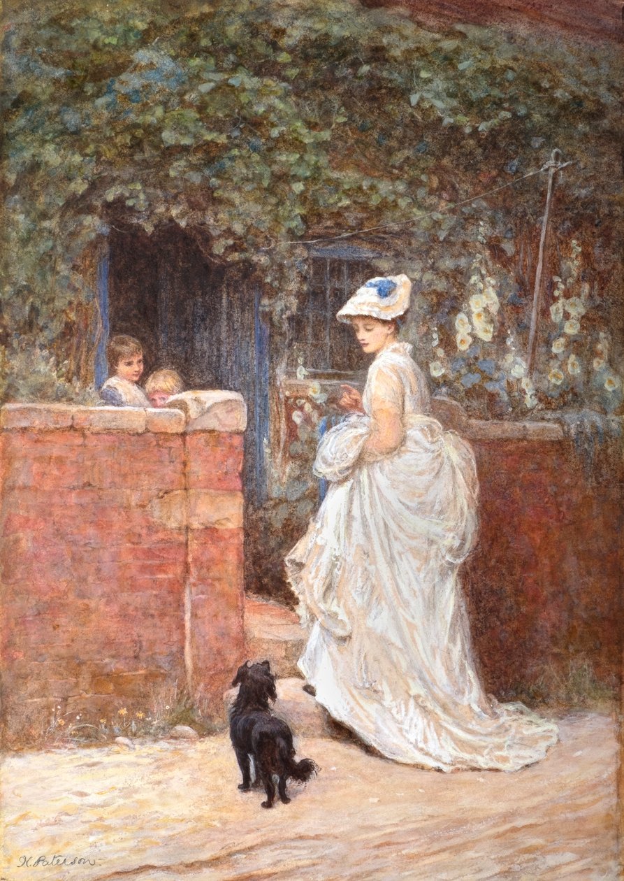 Et besøg i sommerhuset (akvarel med bodycolour) af Helen Allingham