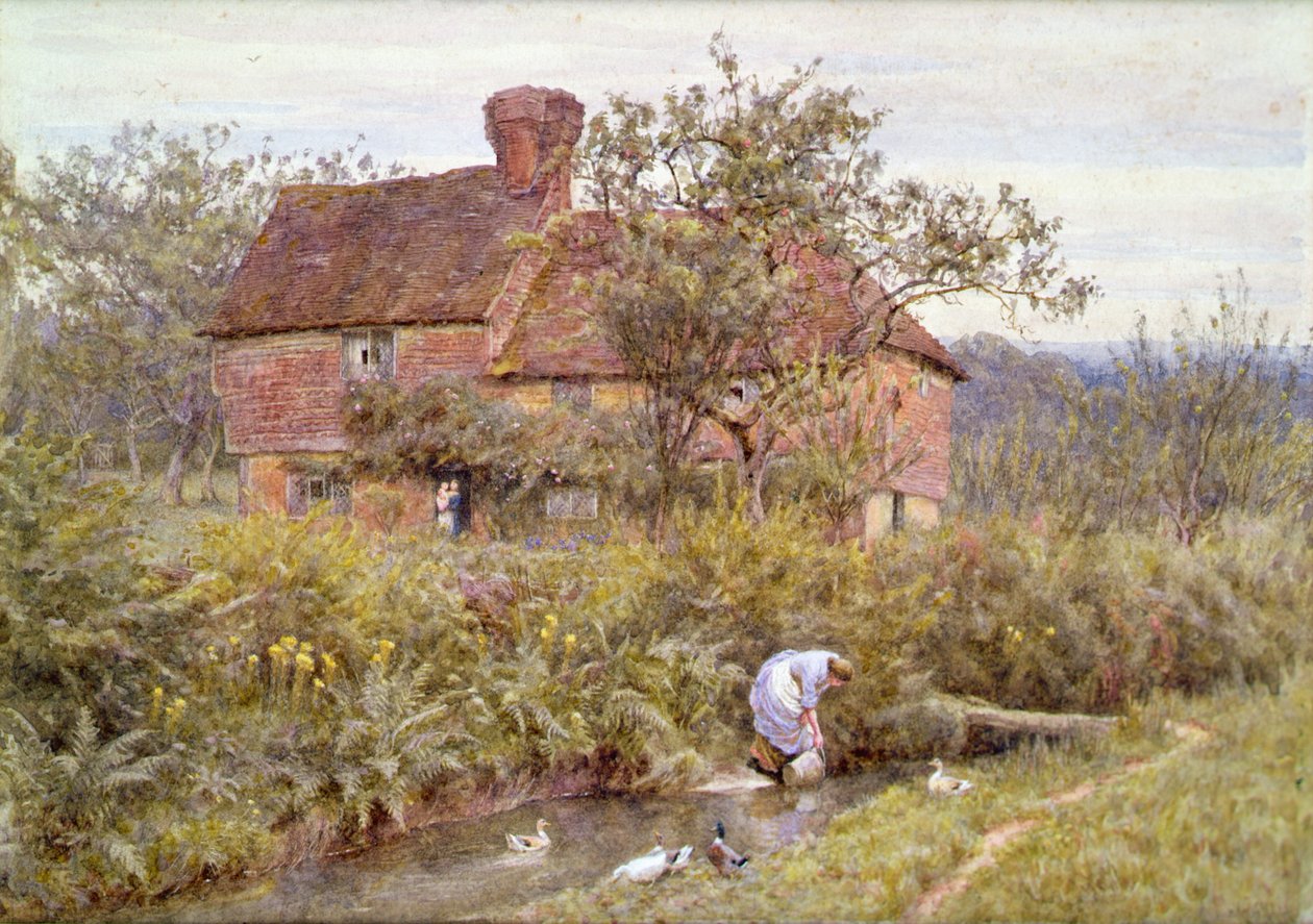 An Old Surrey Cottage (akvarel forhøjet med hvid) af Helen Allingham