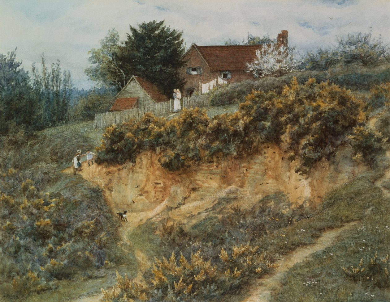 Hos Sandhills, Witley (akvarel med ridser ud på papir) af Helen Allingham
