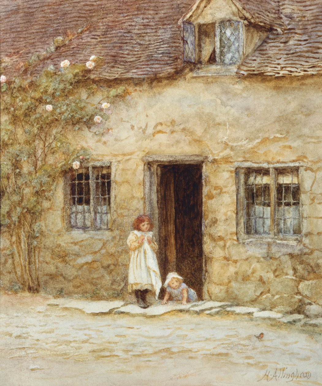 Ved hyttedøren (akvarel med udskrabning) af Helen Allingham