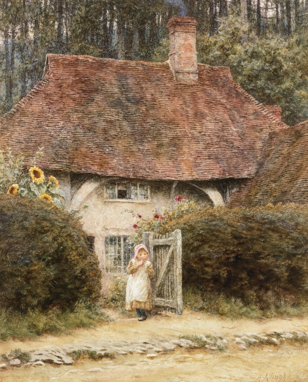 At the Cottage Gate (akvarel med ridser ud på papir) af Helen Allingham