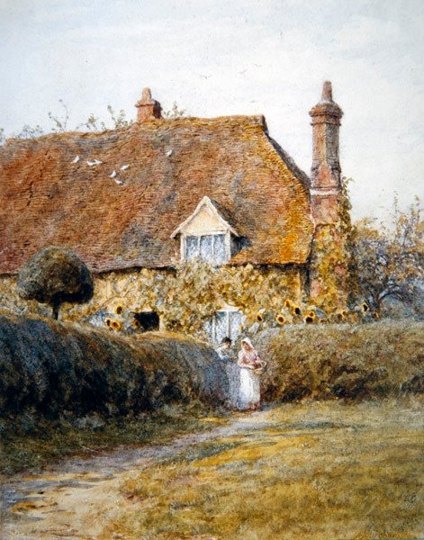 Ved en hytteport (akvarel på papir) af Helen Allingham