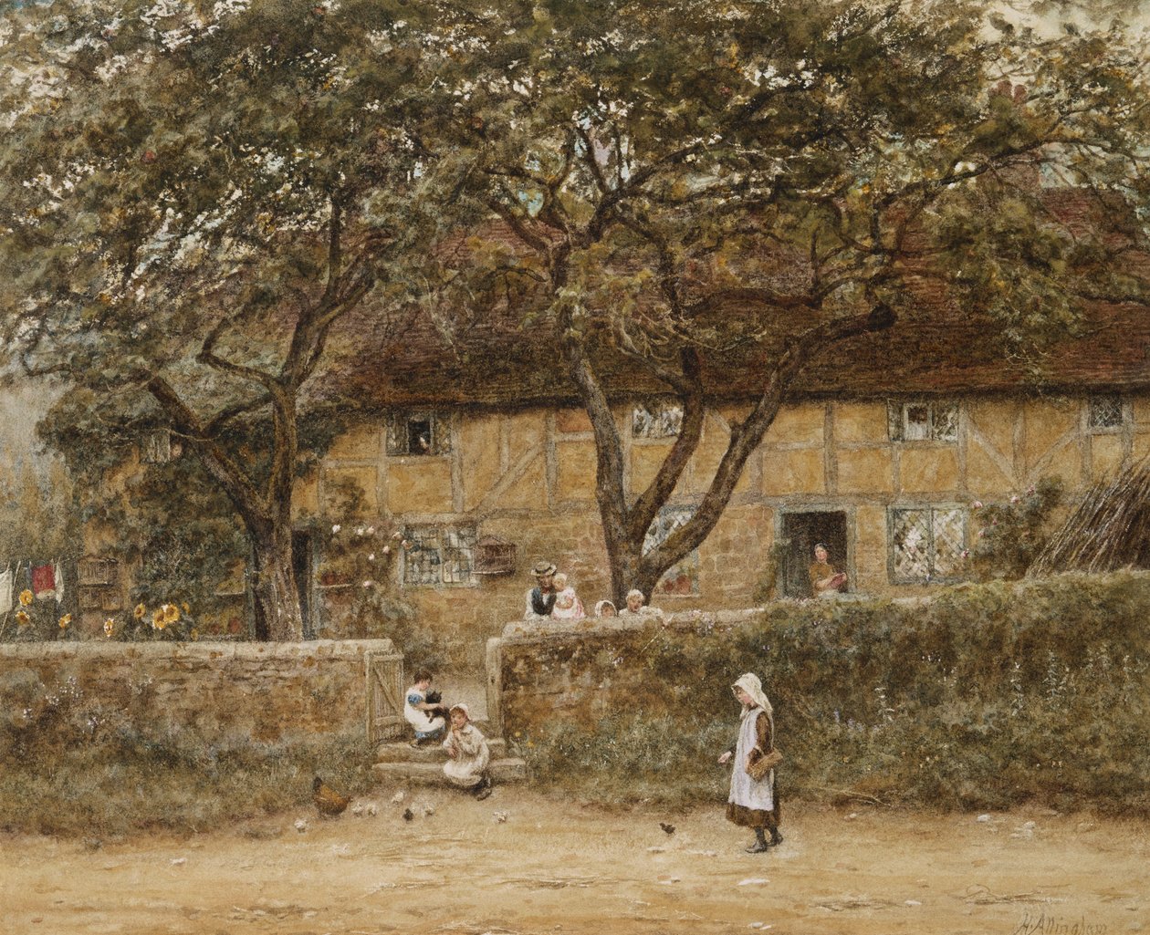 Børn uden for et sommerhus (akvarel med ridser ud på papir) af Helen Allingham
