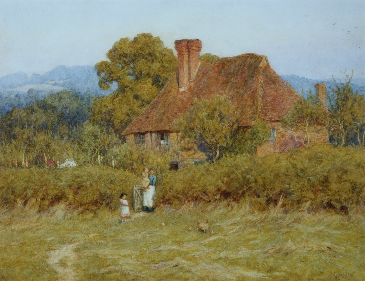 Sommerhus ved Broadham Green, Surrey, i Sunset Light af Helen Allingham