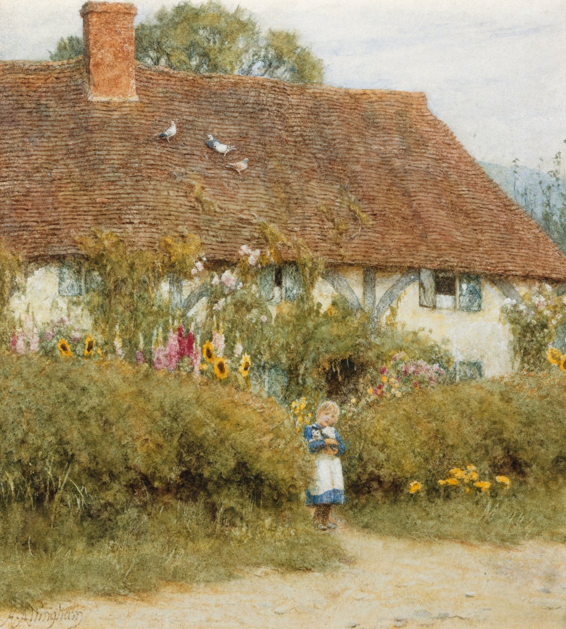 Sommerhus i West Horsley, Surrey (akvarel med ridser ud) af Helen Allingham
