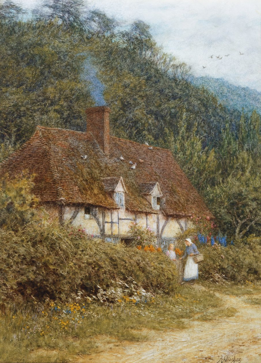 Sommerhus nær Witley, Surrey (akvarel med ridser ud på papir) af Helen Allingham