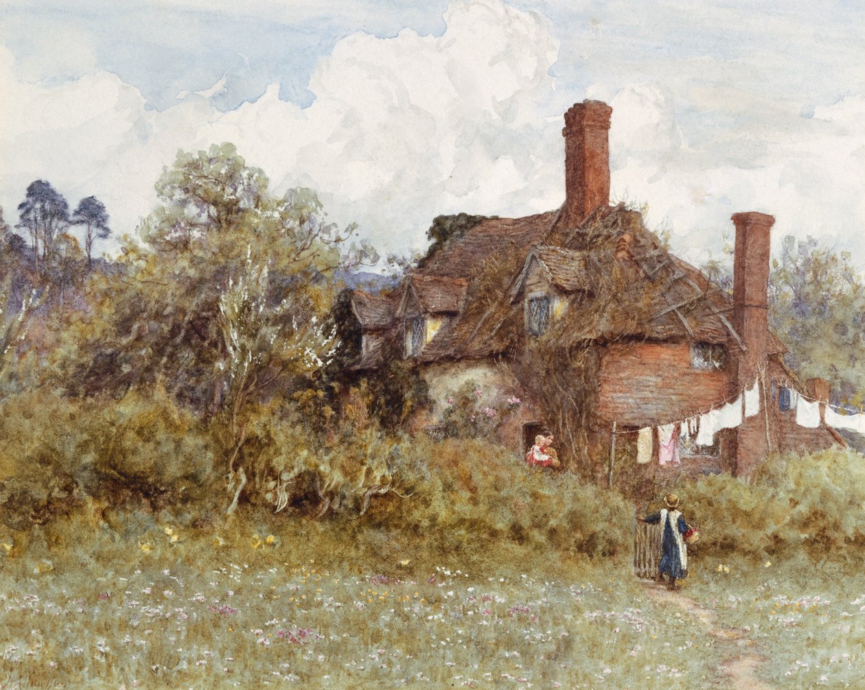 Om foråret (akvarel med ridser ud på papir) af Helen Allingham
