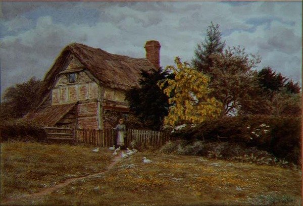 Laburnum Cottage: en kvinde, der fodrer ænder (akvarel) af Helen Allingham