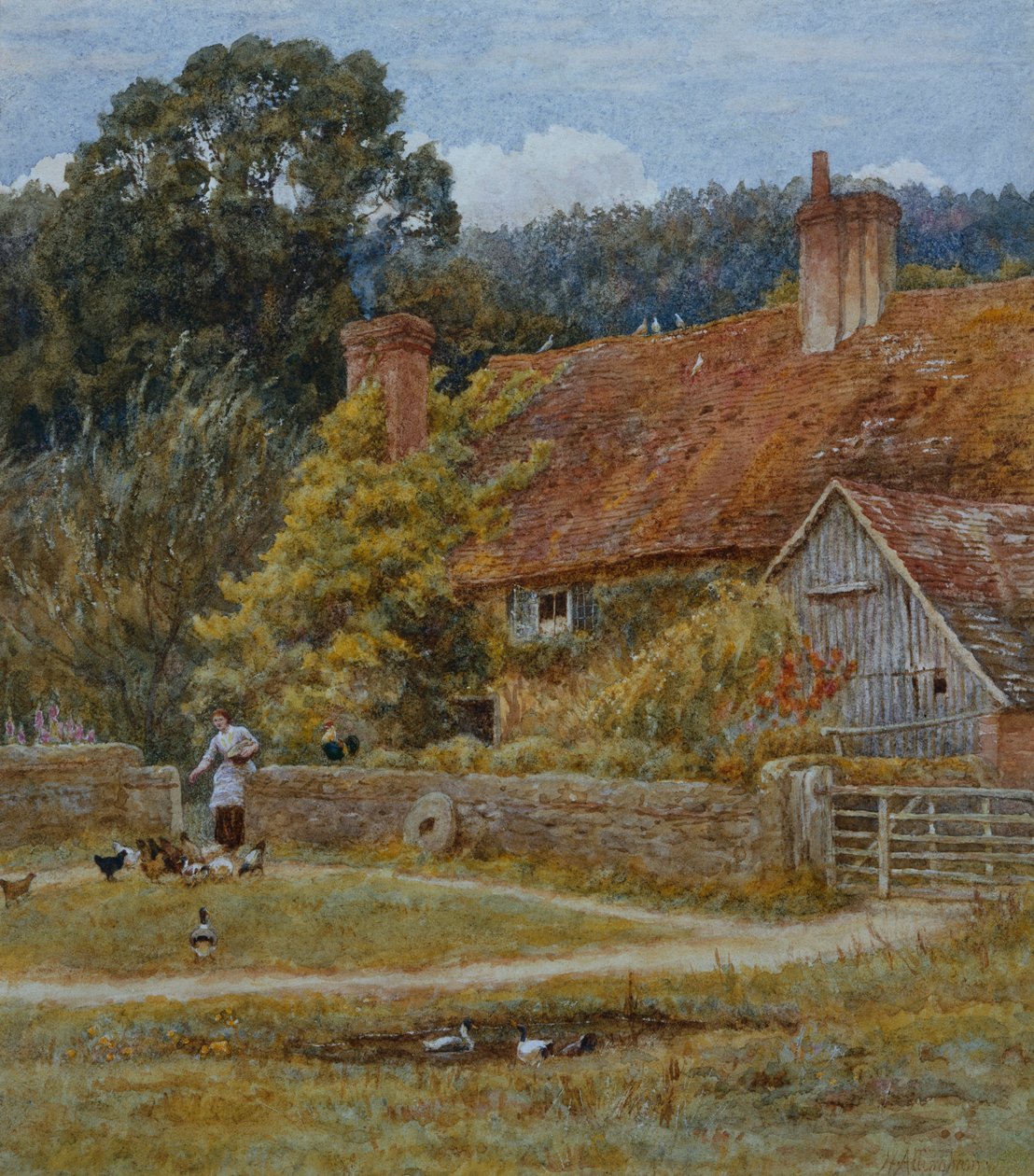 Netley Farm, Shere, Surrey (akvarel med ridser ud) af Helen Allingham