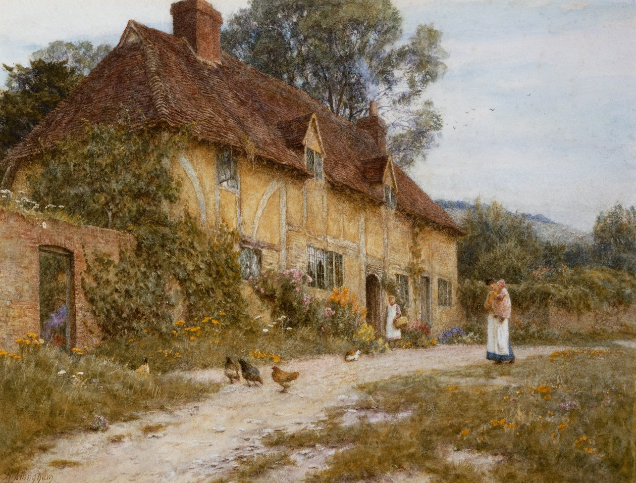 Old Kentish Cottage (akvarel med ridser ud på papir) af Helen Allingham
