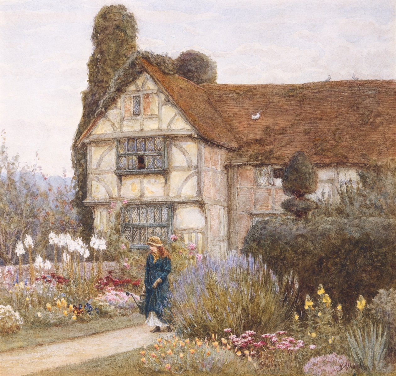 Old Manor House (akvarel med udskrabning) af Helen Allingham