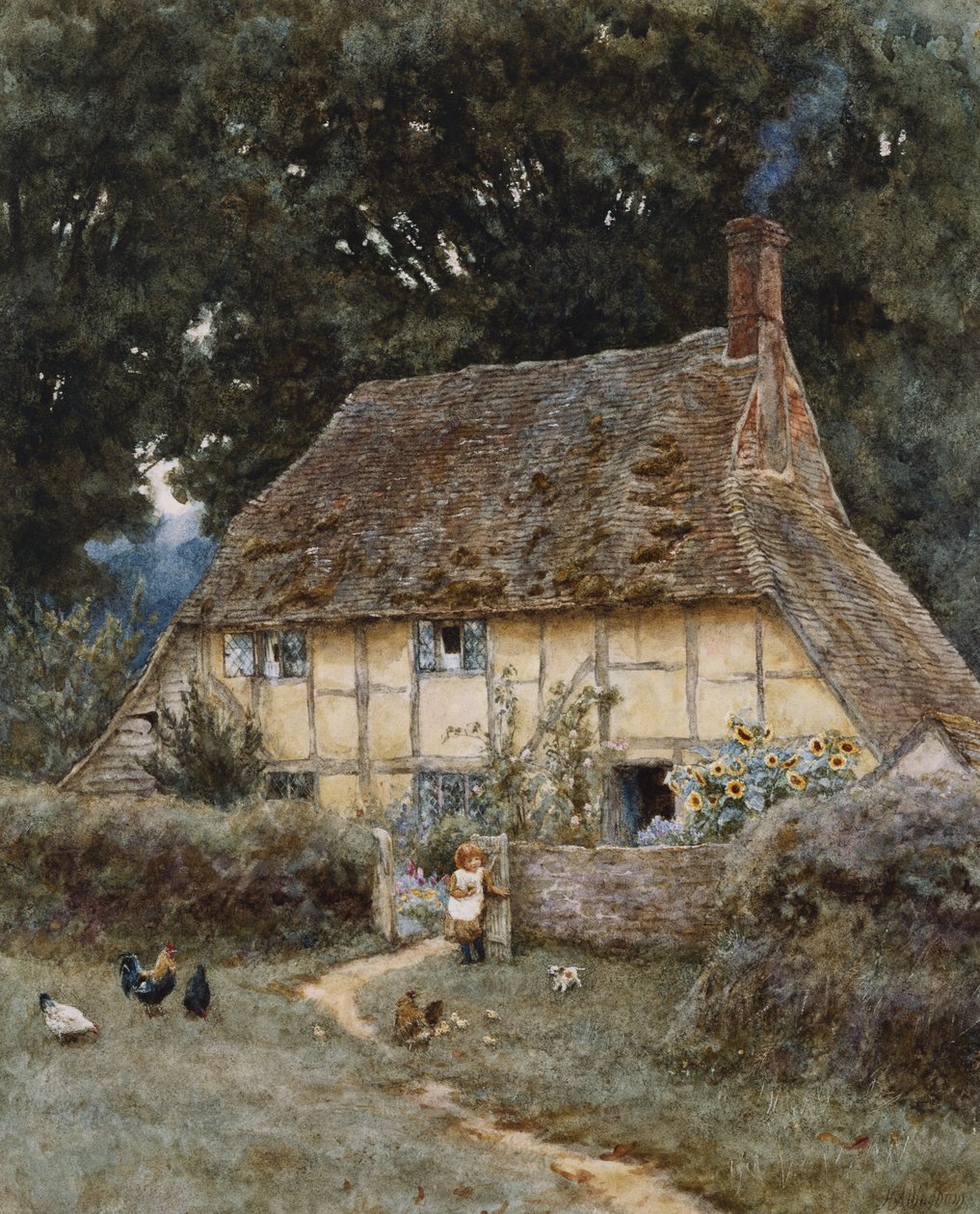 På Brook Road, nær Witley (akvarel med ridser ud på papir) af Helen Allingham