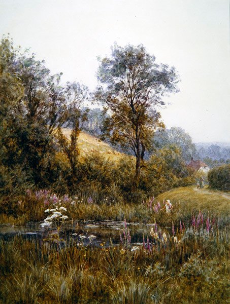 Pluk blomster ved dammen (akvarel og ridser ud på papir) af Helen Allingham