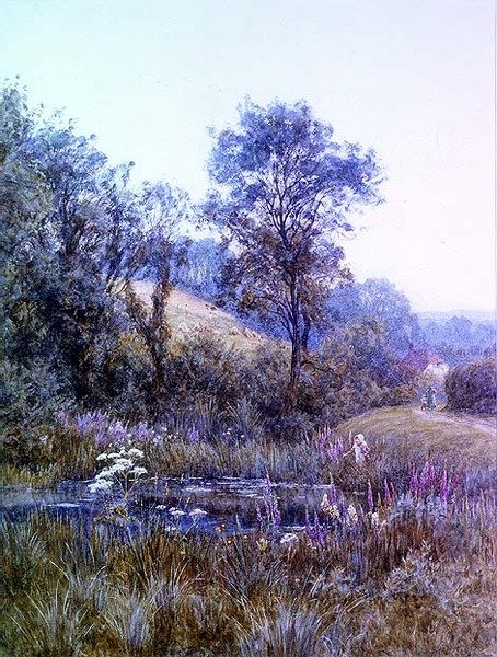 Plukker blomster ved dammen af Helen Allingham