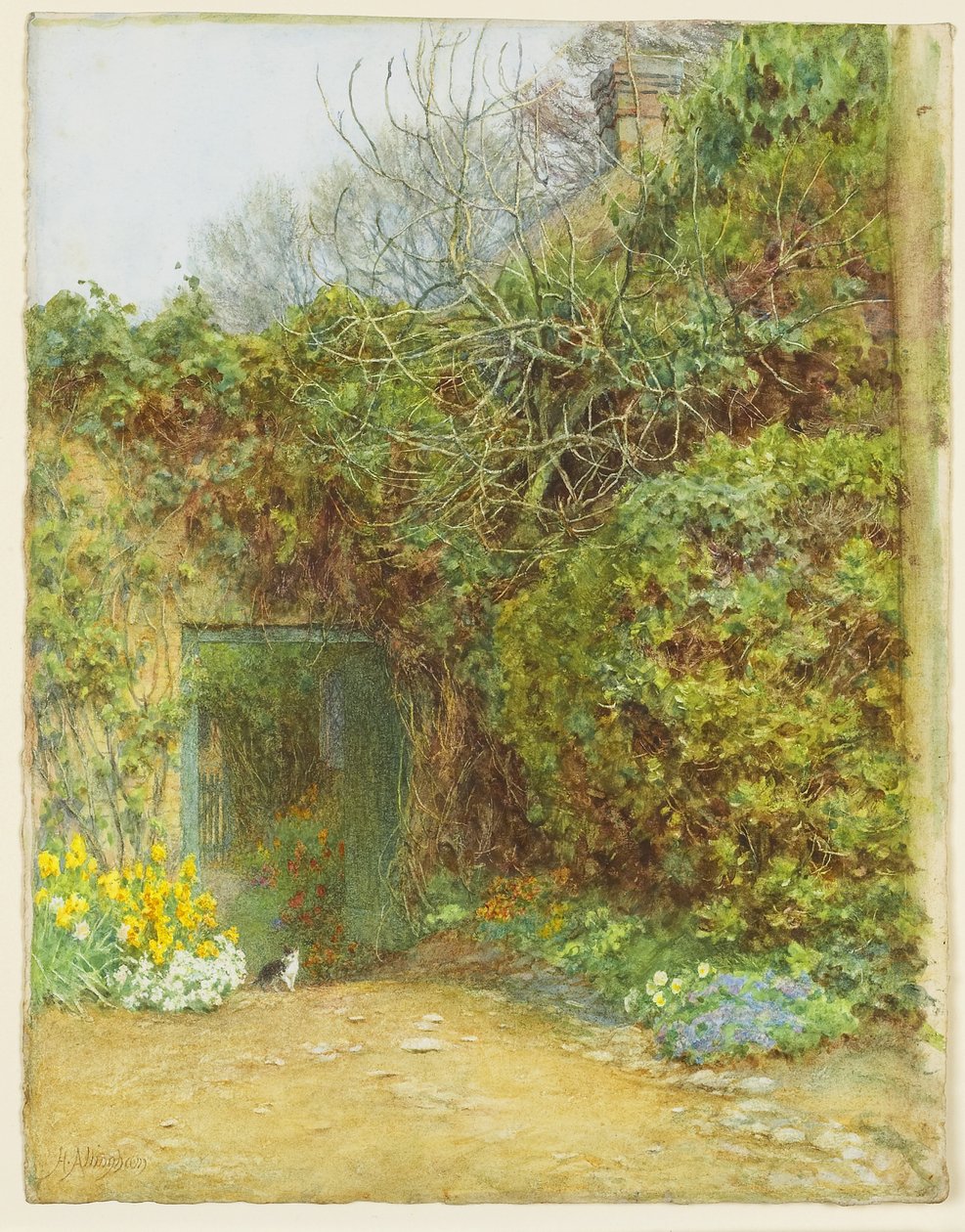 The Dairy Door, Farringford, Lord Tennysons hjem, ca. 1890 (wc, gummi arabicum og udkradsning på vævet papir) af Helen Allingham