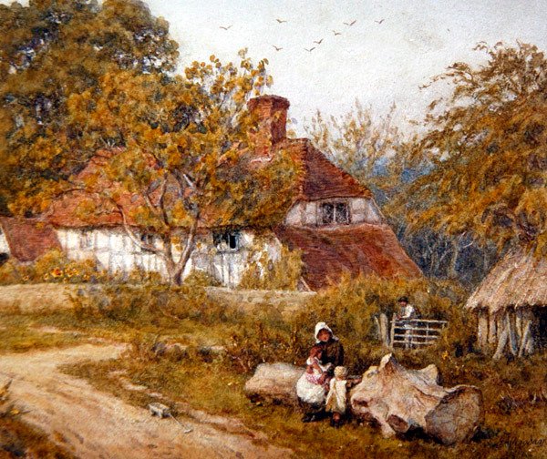 The Family Cottage (akvarel på papir) af Helen Allingham
