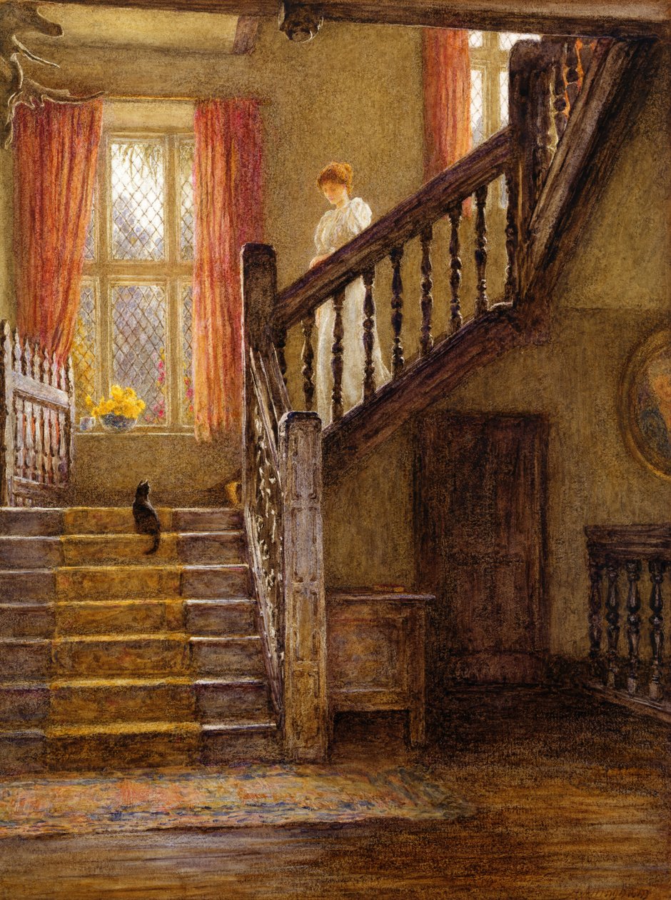 The Staircase, Whittington Court, Gloucestershire (wc på papir) af Helen Allingham