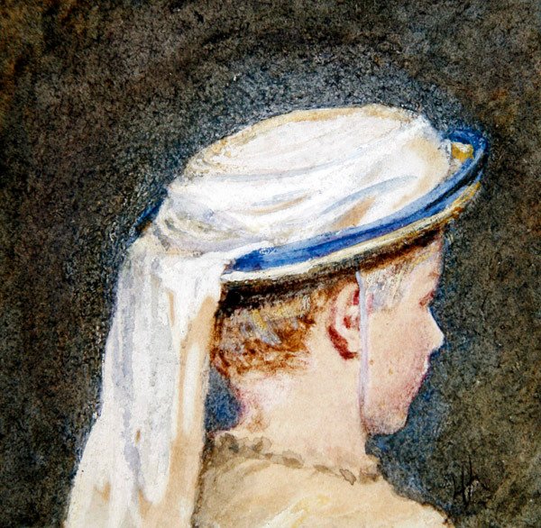 The White Bonnet (akvarel med kropsfarve på papir) af Helen Allingham