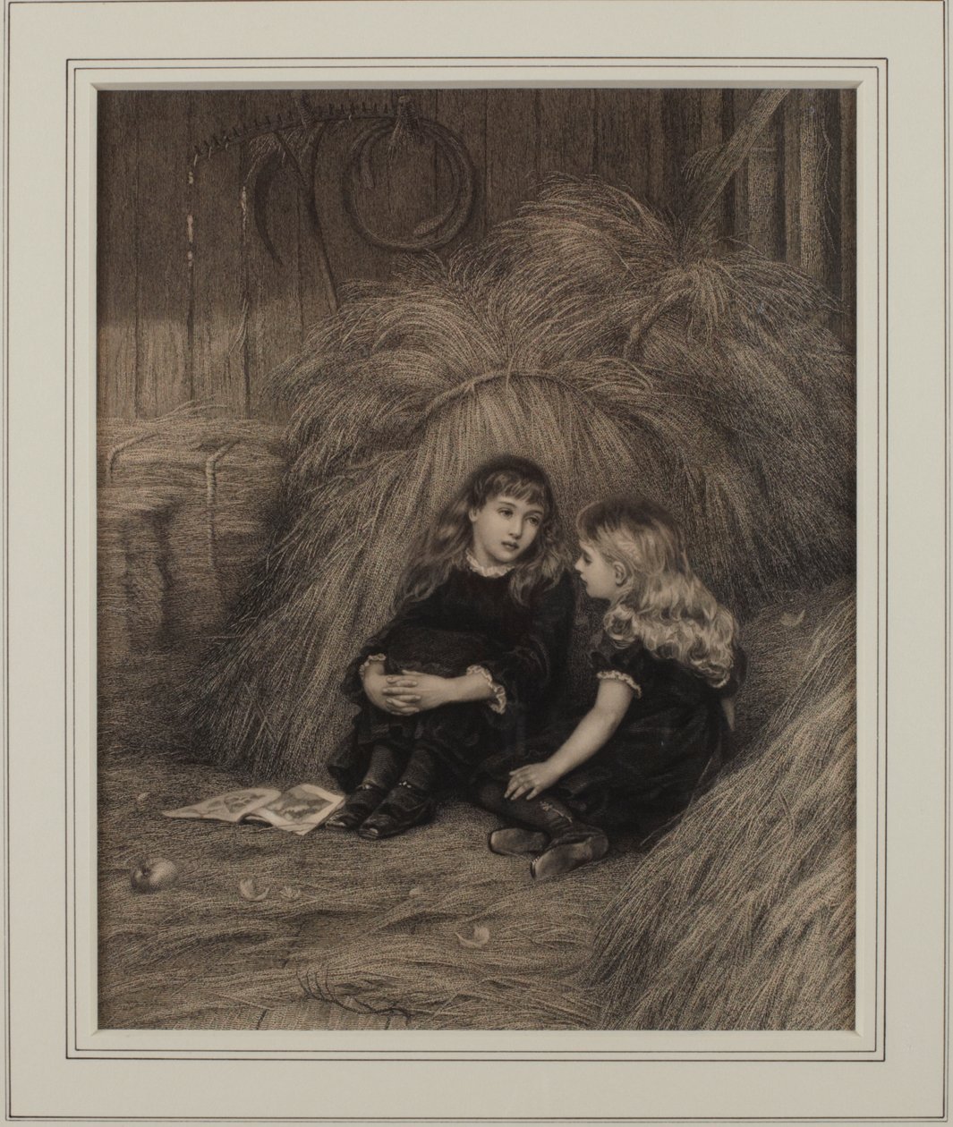 To piger i en lade (blæk på papir) af Helen Allingham