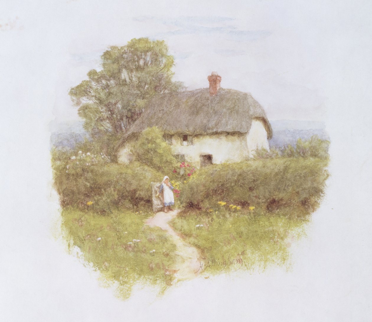 Ung pige ved hytteporten (wc på papir) af Helen Allingham