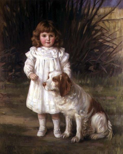 Portræt af en pige i hvid kjole med en hund af Helen Howard Hatton
