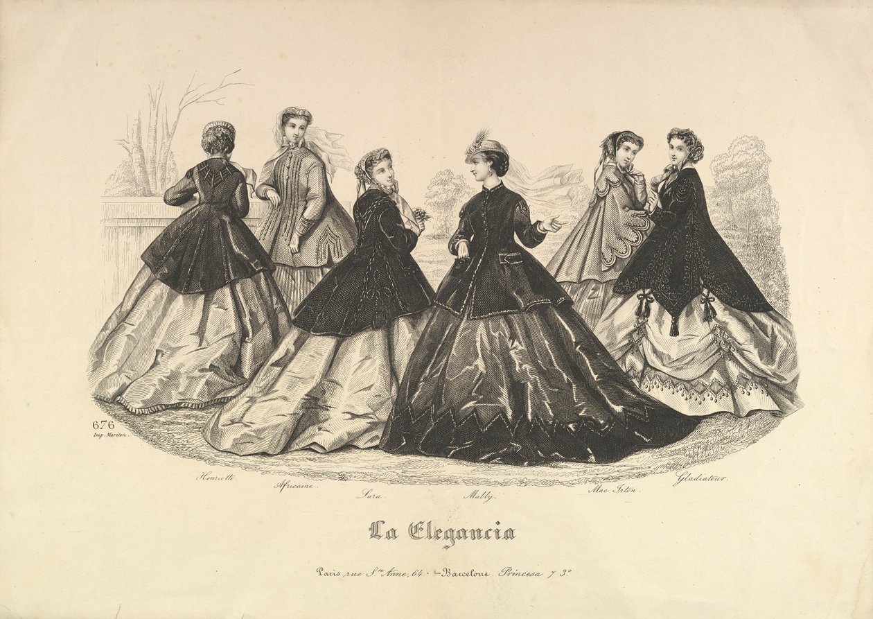 Seks kvinder udendørs, nr. 676, fra La Elegancia, 1865-66. af Heloise Leloir