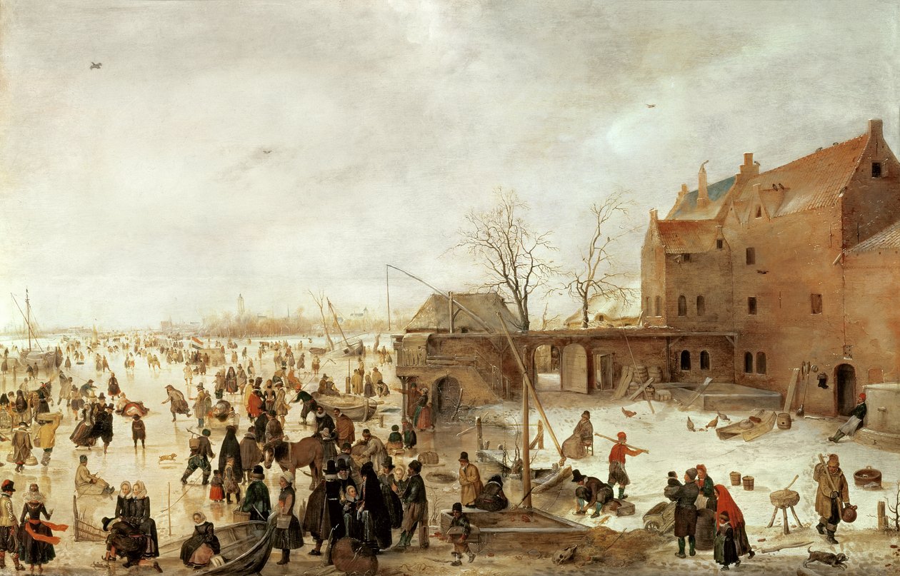 En scene på isen nær en by, ca. 1615 af Hendrick Avercamp