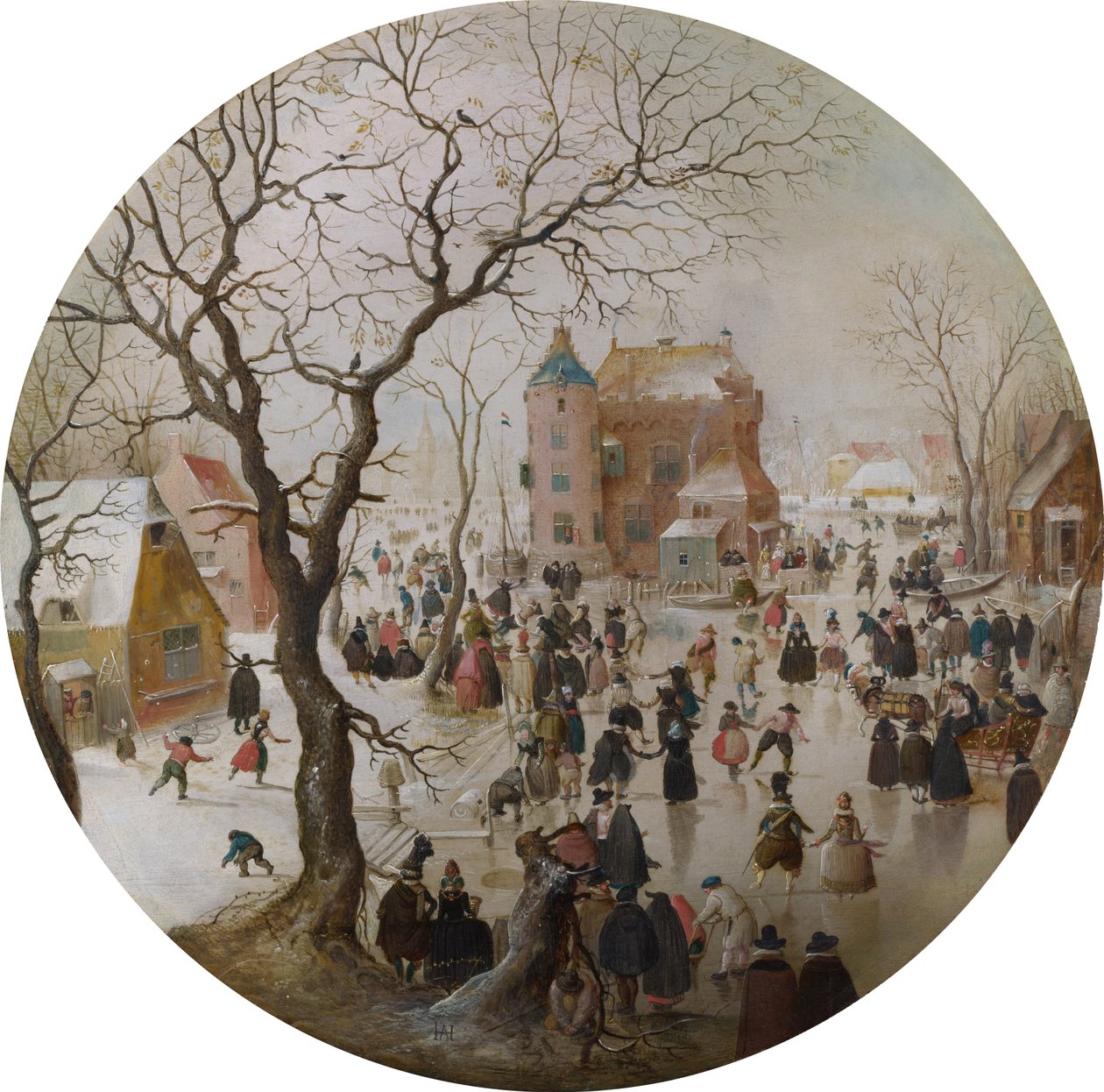 En vinterscene med skøjteløbere nær et slot af Hendrick Avercamp