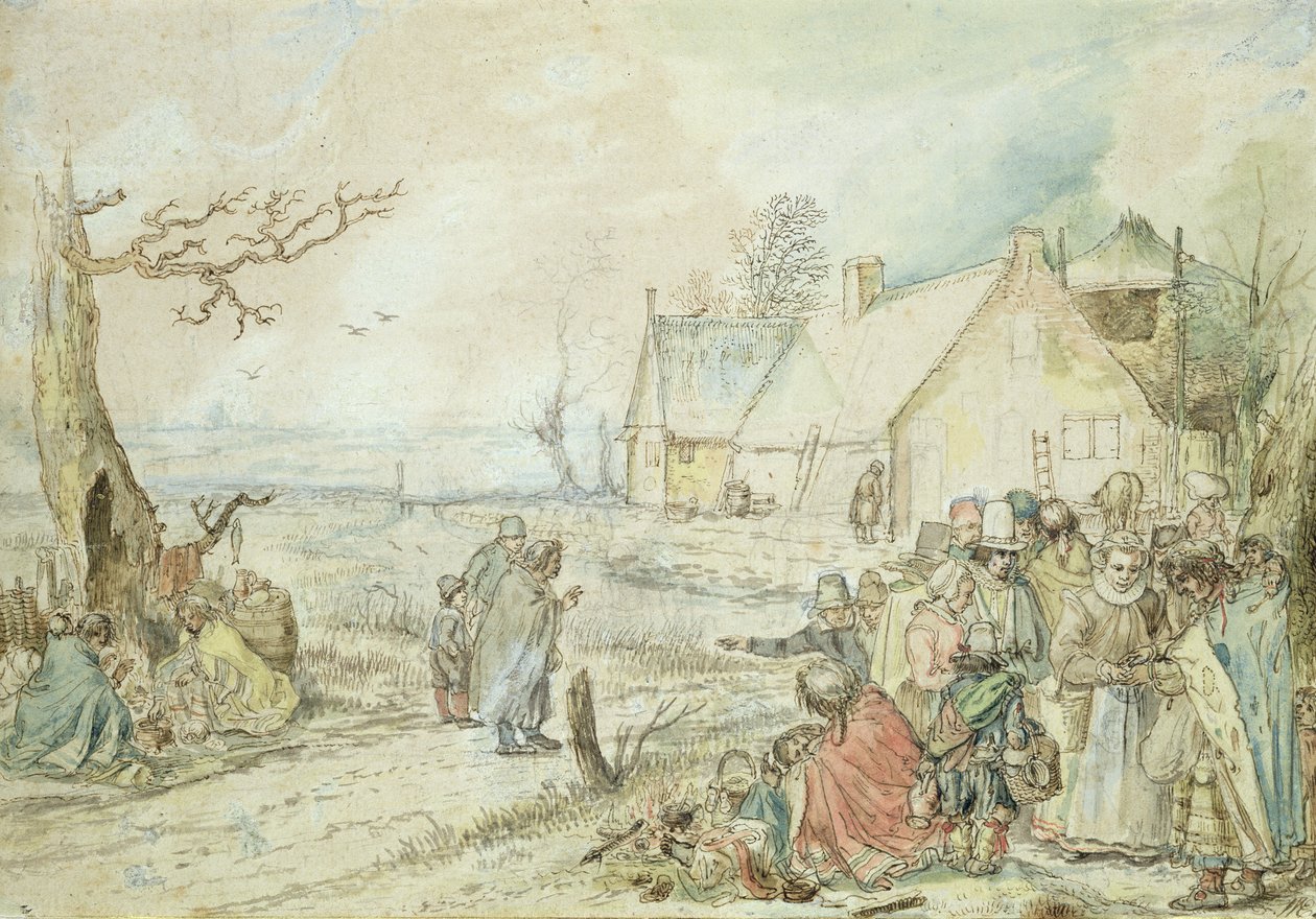 Landskab med Gypsy Fortune-Tellers (pen og wc på papir) af Hendrick Avercamp