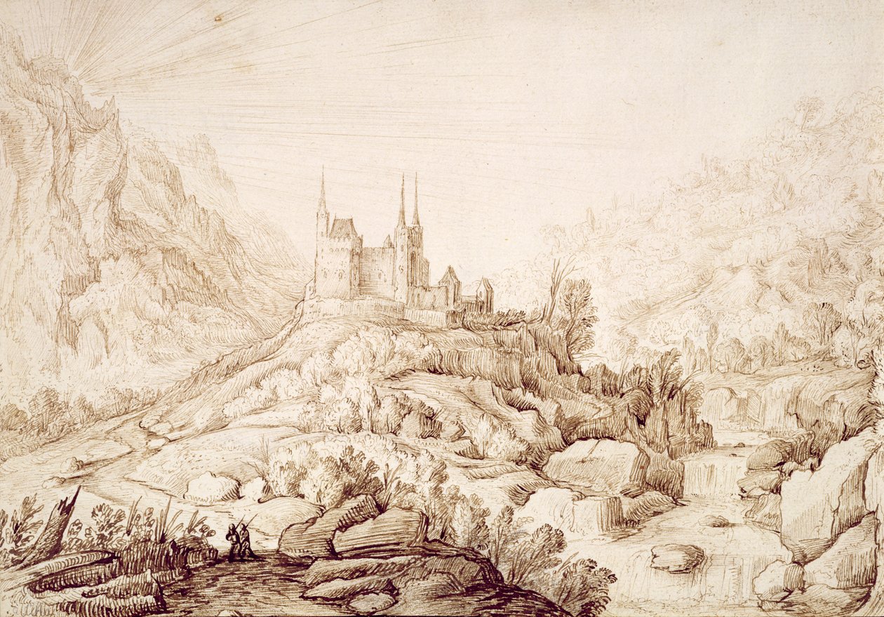 Bjerglandskab med et slot, ca. 1589 af Hendrick Cornelisz. Vroom