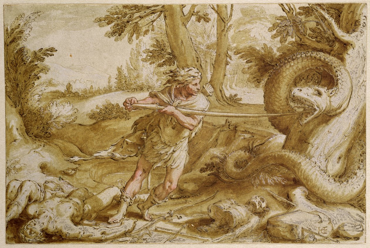 Cadmus er ved at angribe en drage (pen- og blæktegning med brun vask og hvid fremhævning) af Hendrik Goltzius