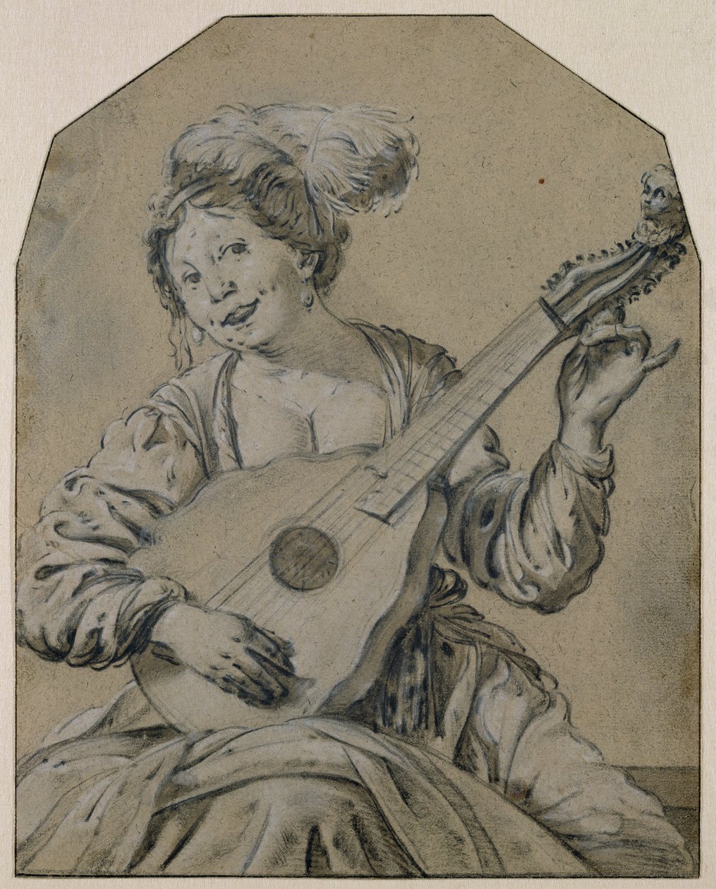 Lutespilleren (sort og hvidt kridt på papir) af Hendrick ter Brugghen