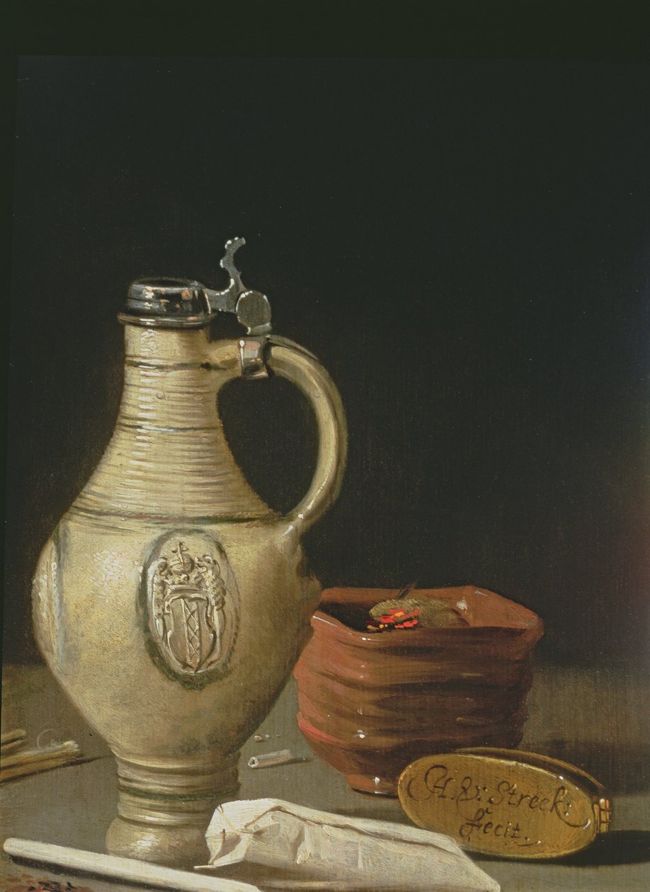 Stilleben med en amsterdam lertøj, skål med kul og tobakspose af Hendrick van Streeck