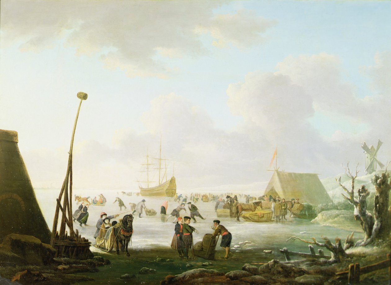 Et omfattende landskab med slæder og skatere med et skib låst i isen (olie på panel) af Hendrick (manner of) Avercamp