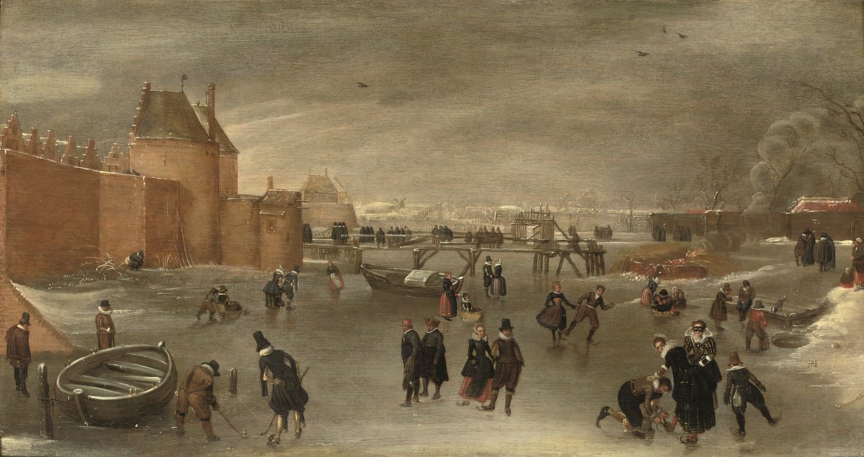Skatere, kolfspillere og slæder på en frossen flod nær St. Janspoort byport, med Kruispoort i baggrunden og den lyserøde mølle bagved, Haarlem (olie på panel) af Hendrick Avercamp (studio of)