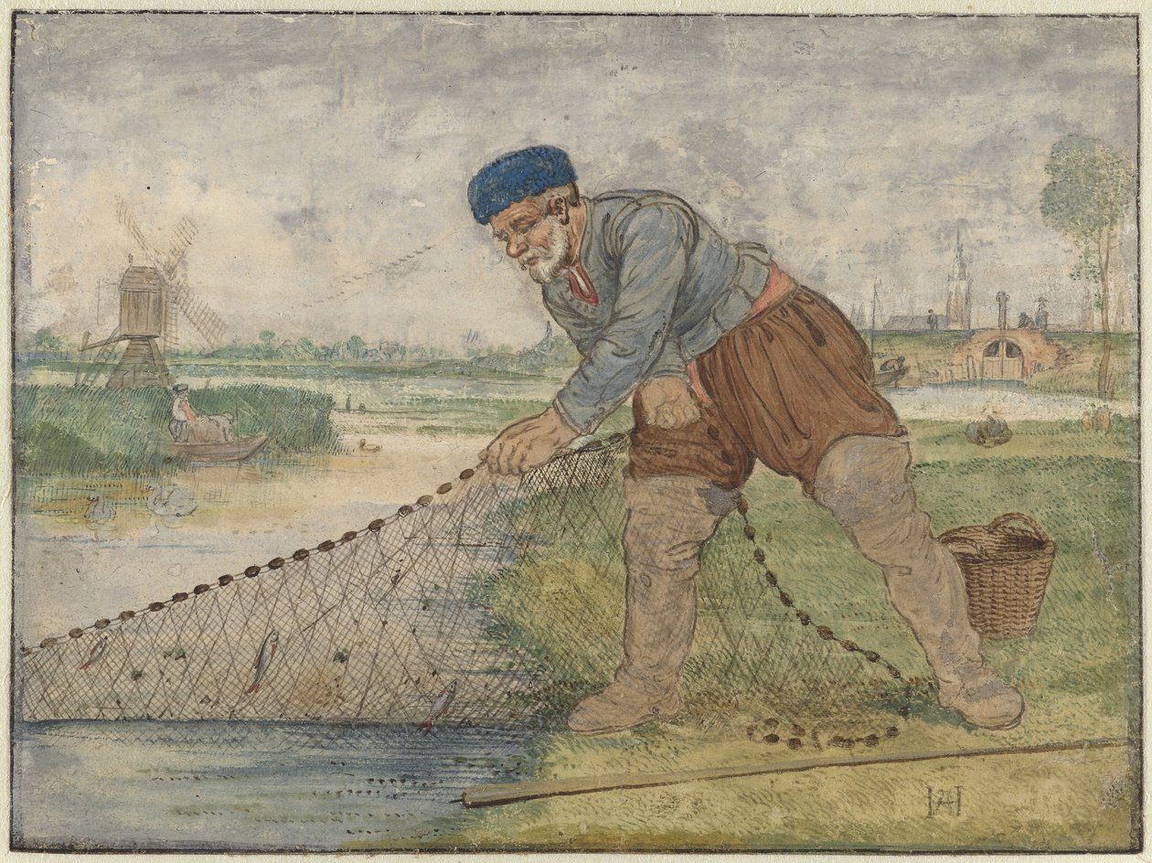 En fisker, der trækker i sit garn af Hendrick Avercamp