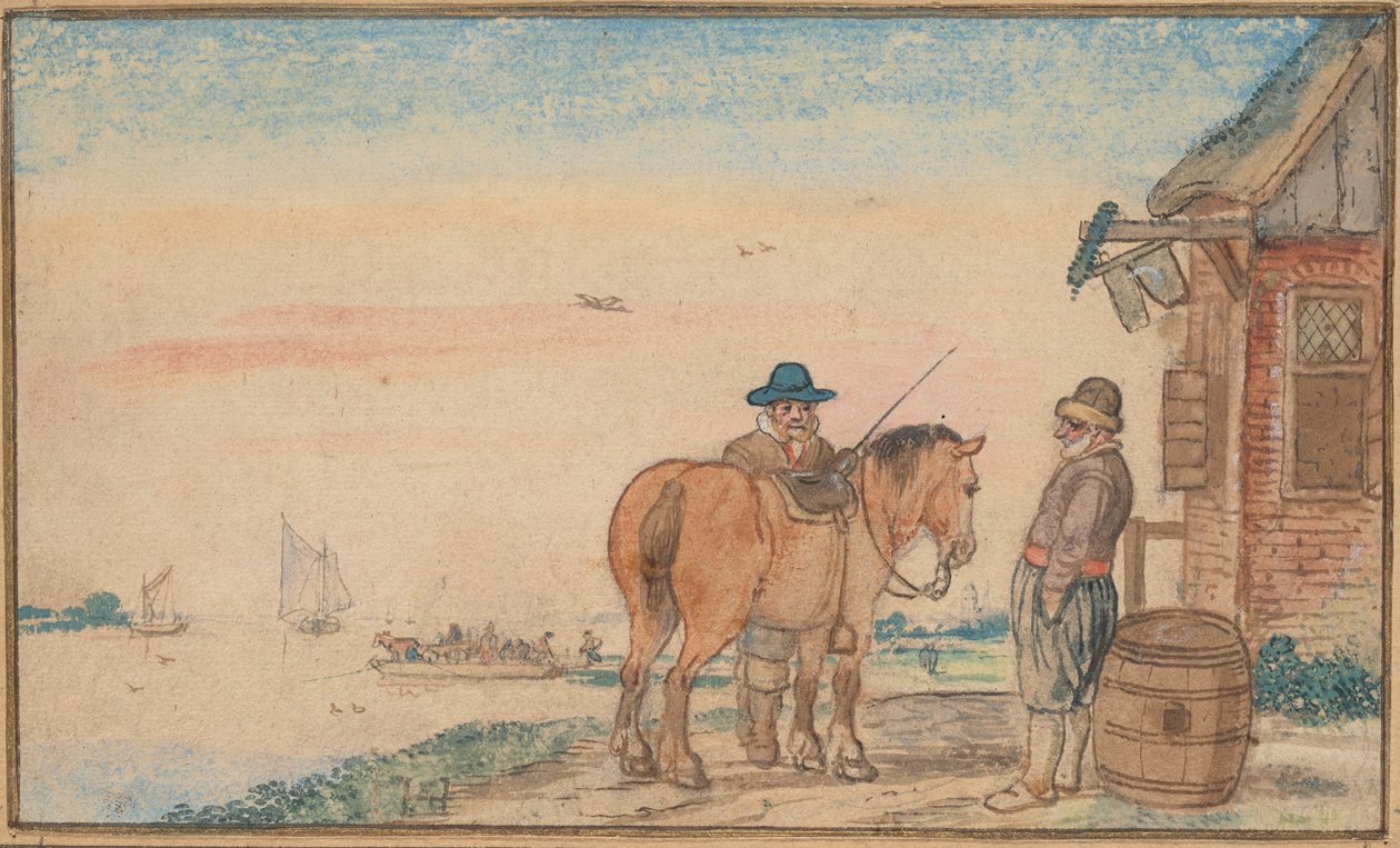 En rytter, der taler med en mand ved en kro af Hendrick Avercamp
