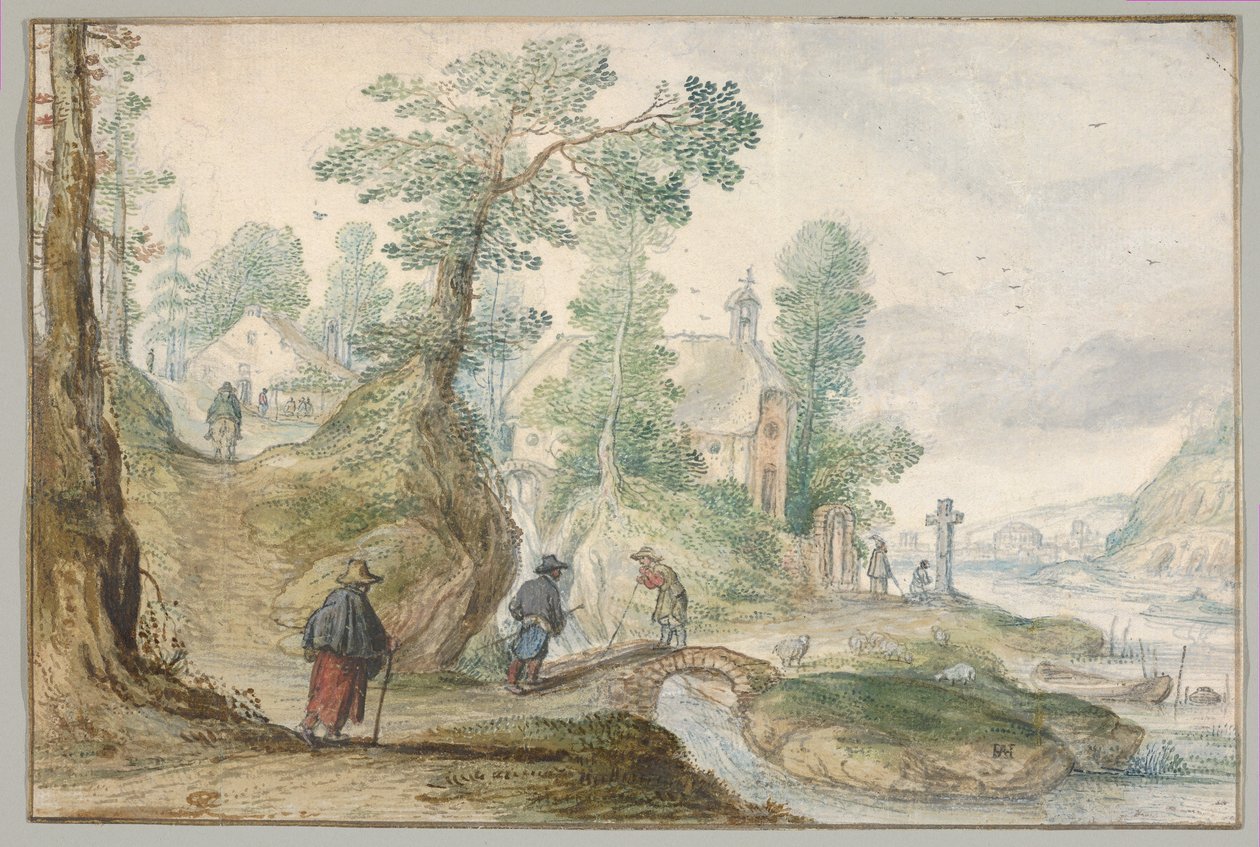 Et skovklædt flodlandskab med en kirke og figurer af Hendrick Avercamp